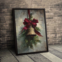 Red Bow Holiday Oil Painting Canvas Print, Vintage Christmas Bell Canvas Wall Art, Antique Festive Wall Art, Winter Seasonal Wall Decor