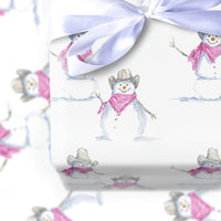 Western Holiday Gift Wrap, Cowboy Snowman Wrapping Paper, Watercolor Pink Bandana Snowman Wrapping Paper, Rustic Country Christmas Wrap