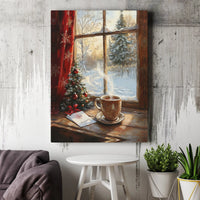 Snowy Cabin Winter Forest View Print, Christmas Window Canvas Wall Art, Festive Holiday Wall Decor, Comfy Art, Digital Download