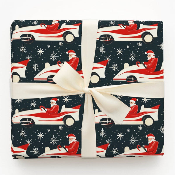 Vintage Car Holiday Wrapping Paper, Retro Race Car Santa Wrapping Paper, Christmas Racing Gift Wrapping Paper, Festive Motors