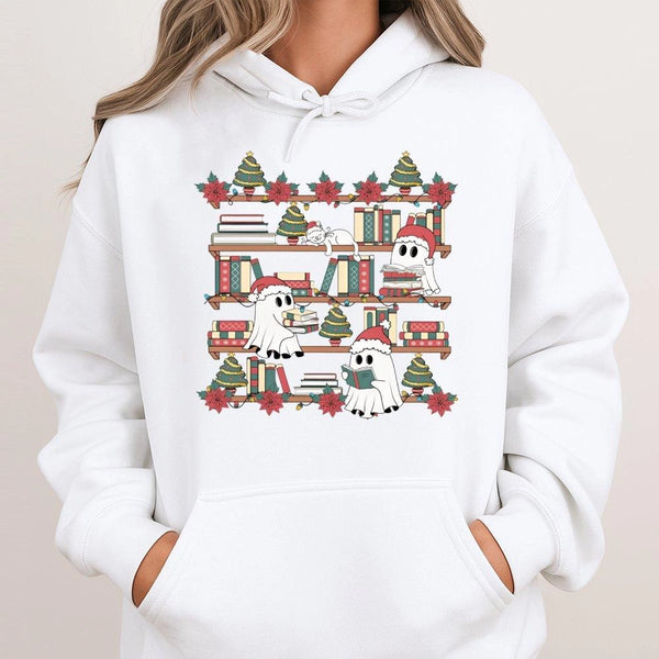 Adorable Spooky Bookish Holiday Hooded Sweatshirt, Christmas Ghost Bookshelf Hoodie, Reading Ghost Library Pullover, Book Lov