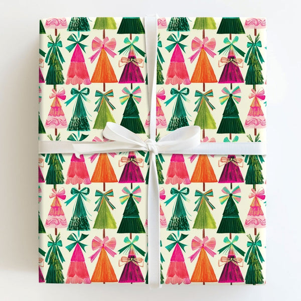Bow Christmas Wrapping Paper, Retro Colorful Tree Wrapping Paper, Modern Holiday Gift Wrap Roll, Vibrant Seasonal Xmas Wrappi