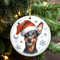 Adorable Min Pin Santa Hat Ceramic Ornament, Miniature Pinscher Christmas Ornament, Holiday Dog Tree Ornament, Min Pin Dog Lover Xmas Present