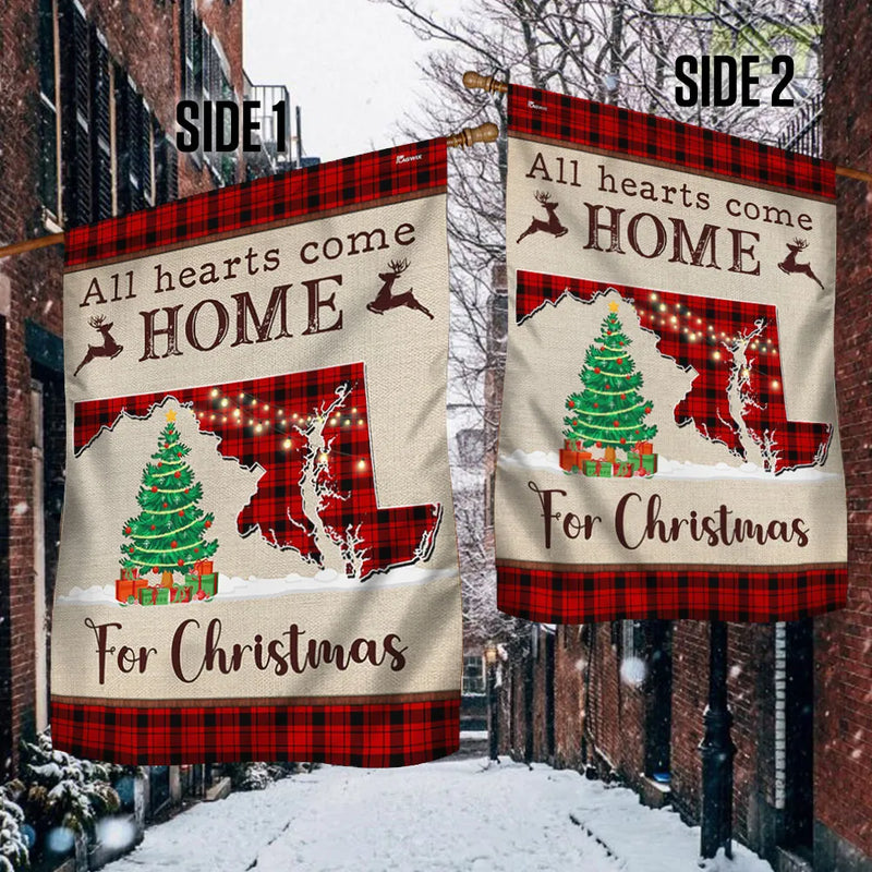 All Hearts Come Home for Christmas Yard Flag, Maryland Christmas Garden Flag, Buffalo Plaid State Pride Lawn Flag, Winter Holiday Decor
