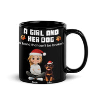 Girl and Dog in Santa Hats Ceramic Coffee Mug, Personalized Rottweiler Christmas Mug, Holiday Dog Mom Cup, Custom Pet Lovers Present