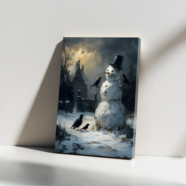 Moody Cottage and Crows Wall Art, Dark Winter Snowman Canvas Print, Gothic Christmas Canvas, Winter Landscape Decor, Holiday 