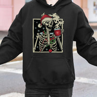 Humorous Holiday Coffee Sweatshirt, Dead Inside but Jolly Christmas Skeleton Hoodie, Spooky Creepy Xmas Pullover, Skeleton Coffee Lover Sweater