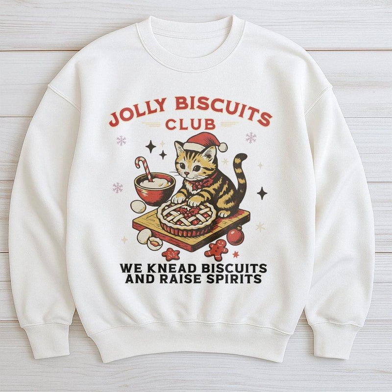 Jolly Biscuits Baking Graphic Sweater, Christmas Cat Sweatshirt, Adorable Holiday Cat Lover Crewneck, Retro Winter Kitty Sweatshirt, Xmas Present