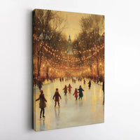 Impressionist Christmas Cityscape Canvas Print, Winter Ice Skating Rink Canvas Wall Art, Holiday Scene Poster, Digital Download Decor