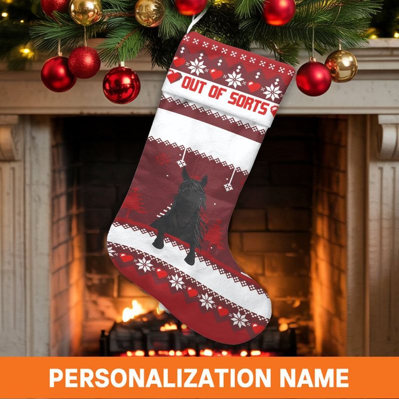 Nordic Pattern Black Horse Stocking, Personalized Horse Christmas Stocking, Custom Equestrian Stocking, Velboa Mantle Decor