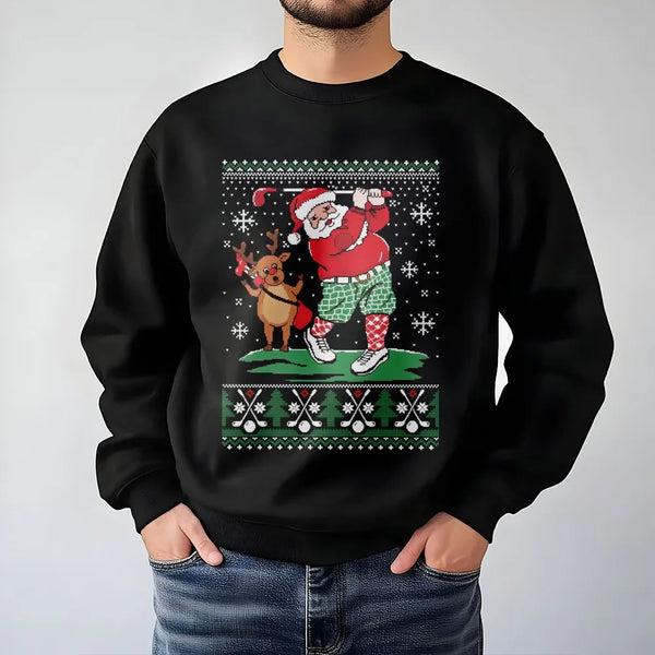 Humorous Reindeer Golfer Sweater, Golf Santa Christmas Sweatshirt, Holiday Golfing Graphic Crewneck, Ugly Christmas Golfer Pu