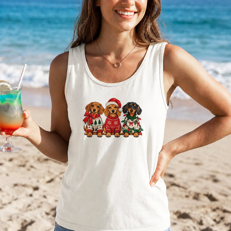Wiener Dog Christmas Tank, Christmas Dachshund Tank Top, Retro Holiday Dachshund Sleeveless Tee, Adorable Dog Lover Xmas Present