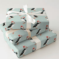 Santa Hat Bird Gift Wrap, Puffin Christmas Wrapping Paper, Watercolor Puffin Wrapping Paper, Coastal Holiday Gift Wrap, Xmas Present Wrap