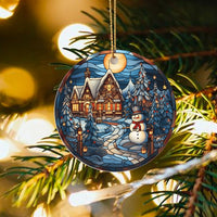 Comfy Cabin Winter Ceramic Ornament, Stained Glass Snowman Christmas Ornament, Festive Holiday Tree Ornament, Keepsake Decor, Christmas Present