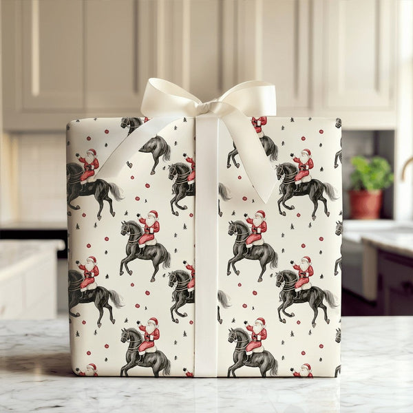 Equestrian Christmas Gift Wrap, Santa Riding Black Horse Wrapping Paper, Festive Horse Lover Wrapping Paper, Holiday Present 