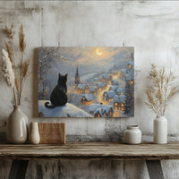 Snowy Village Canvas Print, Black Cat Christmas Canvas Wall Art, Comfy Holiday Winter Wall Decor, Festive Cat Lover Canvas Art Present