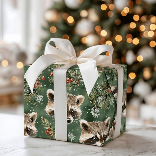 Woodland Berry Gift Wrap, Raccoon Christmas Wrapping Paper, Watercolor Animal Wrapping Paper, Pine Branch Holiday Gift Wrap, 