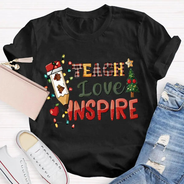 Festive Tree Lights Teacher Tee, Teach Love Inspire Christmas T-Shirt, Holiday Educator Shirt, Merry Christmas School Teacher
