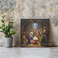 Christian Manger Christmas Canvas Print, Nativity Holy Family Square Canvas, Religious Scripture Wall Art, Stretched Canvas Holiday Decor