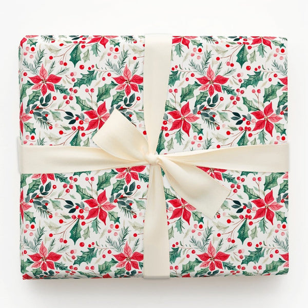 Holly Berry Christmas Gift Wrap, Watercolor Poinsettia Wrapping Paper, Botanical Holiday Wrapping Paper, Festive Floral Gift 