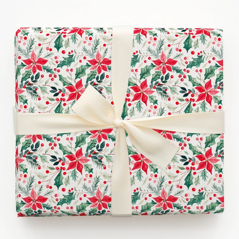 Holly Berry Christmas Gift Wrap, Watercolor Poinsettia Wrapping Paper, Botanical Holiday Wrapping Paper, Festive Floral Gift Wrap Roll