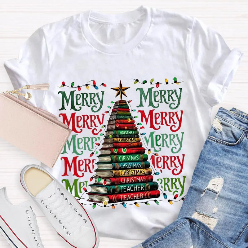 Festive Reading Holiday Graphic Tee, Christmas Book Tree Teacher Shirt, Bookish Xmas Tree T-Shirt, English Teacher Christmas Present