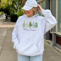 Watercolor Holiday Tree Graphic Sweatshirt, Merry Christmas Tree Hoodie, Festive Winter Season Hooded Pullover, Comfy Xmas Apparel