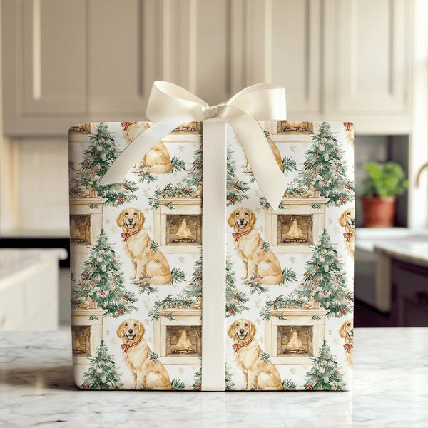Dog Holiday Gift Wrap, Golden Retriever Christmas Wrapping Paper, Fireplace Dog Wrapping Paper, Adorable Puppy Gift Wrap, Pet