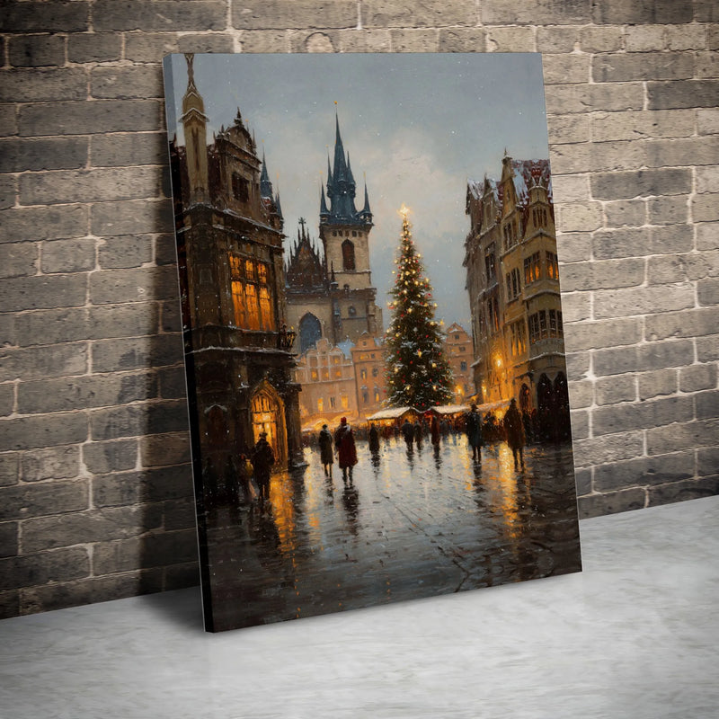 Vintage City Square Winter Wall Art, Snowy European Christmas Market Canvas Art, Comfy Holiday Town Canvas Print, Seasonal Xmas Home Decor