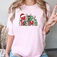 Leopard Reindeer Antlers Shirt, Merry Christmas T-Shirt, Buffalo Plaid Holiday Graphic Tee, Adorable Festive Xmas Outfit for Women