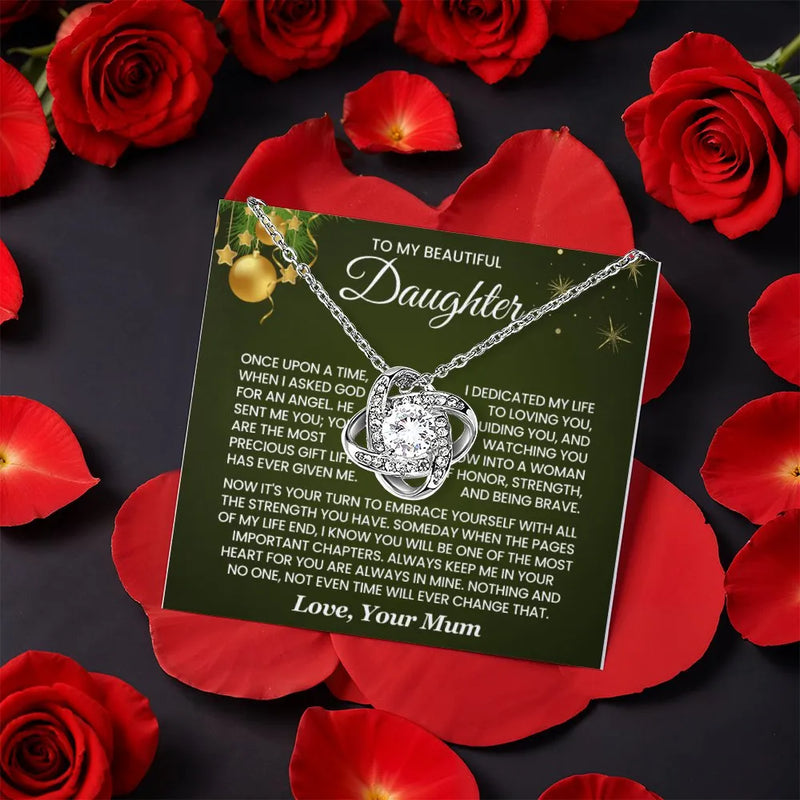 14k White Gold Love Knot Pendant, Love Knot Necklace for Daughter, Rotating Rose Gift Box Necklace, Meaningful Christmas Present for Daughter