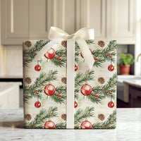 Pine Branch Christmas Gift Wrap, Watercolor Red Ornament Wrapping Paper, Pinecone Berry Wrapping Paper