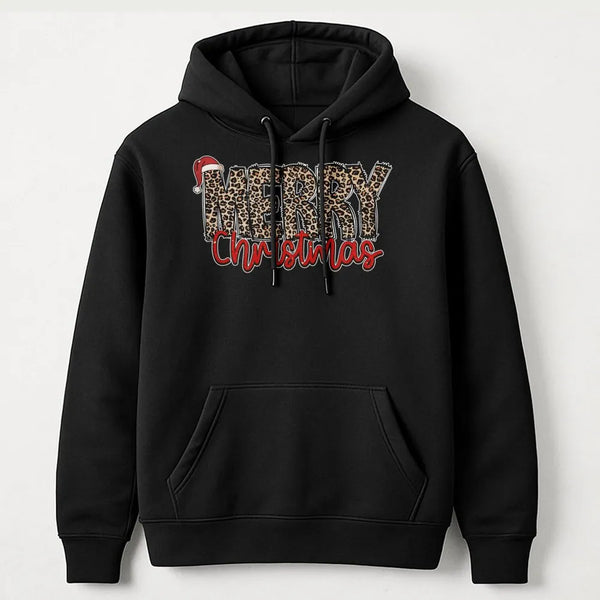 Festive Santa Hat Graphic Sweatshirt, Merry Christmas Leopard Print Hoodie, Adorable Cheetah Holiday Pullover, Winter Hooded 