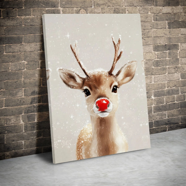 Adorable Christmas Reindeer Print, Red Nosed Reindeer Canvas Wall Art, Holiday Animal Canvas Decor, Winter Festive Canvas, Xm