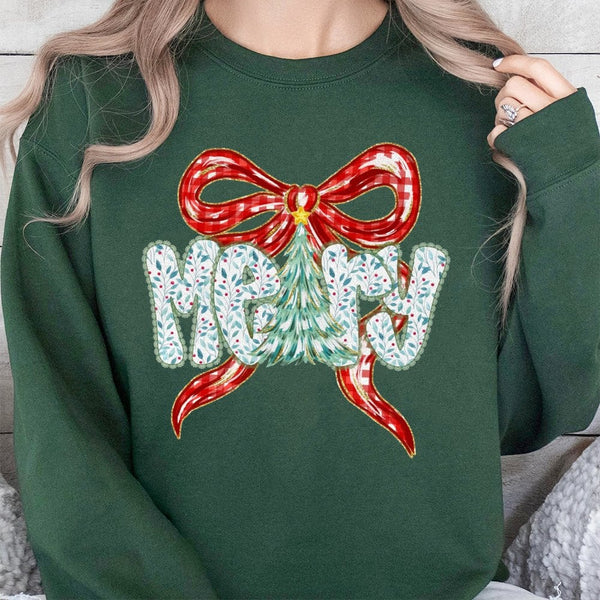 Xmas Tree Bow Sweater, Coquette Christmas Sweatshirt, Merry Christmas Crewneck, Preppy Holiday Sweatshirt, Adorable Winter Pu