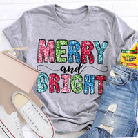 Colorful Festive Christmas Shirt, Merry and Bright Christmas T-Shirt, Retro Holiday Typography Graphic Tee, Adorable Christmas Tee