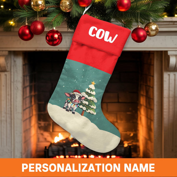 Adorable Cow Holiday Stocking, Personalized Highland Cow Christmas Stocking, Farmhouse Xmas Stocking, Custom Fireplace Decor,
