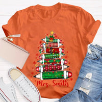 Custom Name Christmas Tree Shirt, Personalized Christmas Tree T-Shirt, Colored Pencil Christmas Tree Tee, Holiday Teacher Xmas Shirt