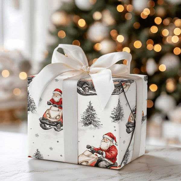 Watercolor Santa Gift Wrap, Santa on Snowmobile Wrapping Paper, Winter Sports Christmas Wrapping Paper, Whimsical Holiday Gif