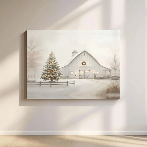 Snowy Red Barn and Christmas Tree Wall Art, Winter Farmhouse Canvas Print, Rustic Winter Holiday Canvas Decor, Comfy Xmas Sea