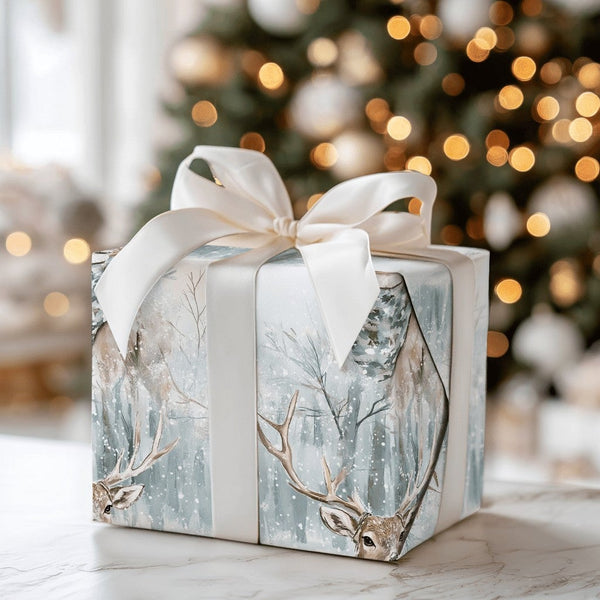 Watercolor Woodland Deer Gift Wrap, Winter Stag Christmas Wrapping Paper, Rustic Forest Antler Wrapping Paper, Holiday Gift W