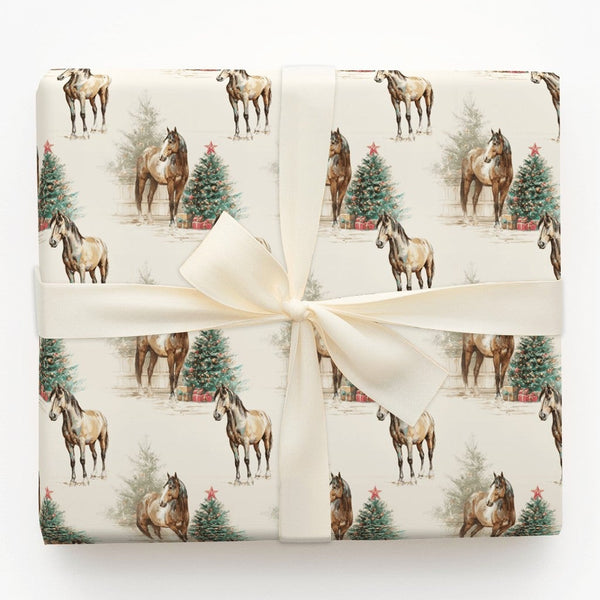 Equestrian Christmas Tree Gift Wrap, Watercolor Horse Wrapping Paper, Rustic Country Horse Wrapping Paper, Holiday Equestrian