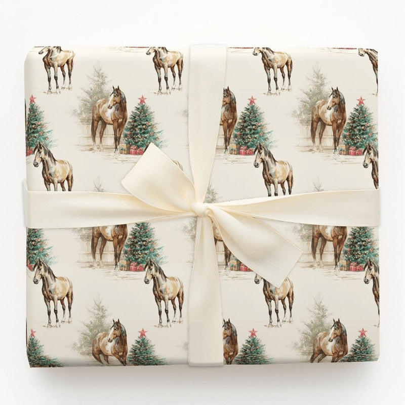 Equestrian Christmas Tree Gift Wrap, Watercolor Horse Wrapping Paper, Rustic Country Horse Wrapping Paper, Holiday Equestrian Gift Wrap