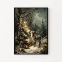 Vintage Woodland Fawn Lit Tree Painting, Christmas Deer Wall Art, Holiday Fawn Print, Comfy Winter Forest Poster, Christmas Decor Present
