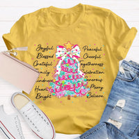 Aesthetic Holiday Graphic Tee, Joyful Peaceful Cheerful Christmas Tree T-Shirt, Retro Xmas Tree Shirt, Festive Winter Holiday Party Top