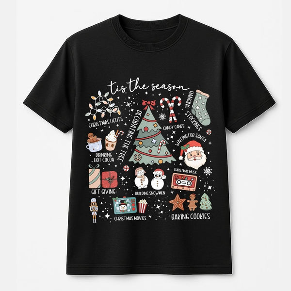 Adorable Holiday Icons Graphic Tee, Tis the Season Christmas T-Shirt, Retro Xmas Tree Santa Shirt, Festive Winter Aesthetic H