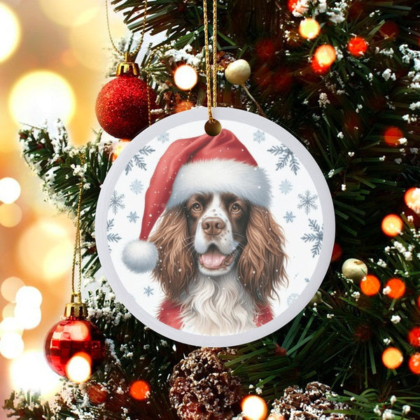 Santa Hat Dog Ornament, English Springer Spaniel Christmas Ornament, Festive Pet Holiday Tree Ornament, Ceramic Dog Lover Kee