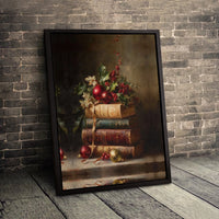 Antique Holiday Oil Painting Poster, Vintage Christmas Books and Holly Still Life Art Print, Winter Wall Decor, Digital Download