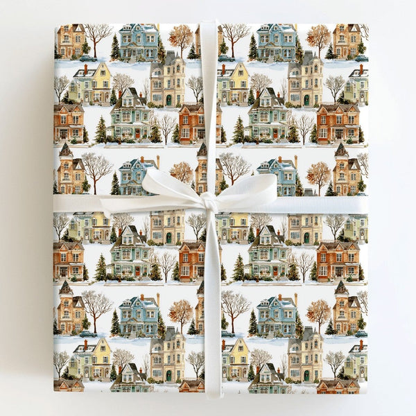 Watercolor Winter Village Gift Wrap, Victorian House Wrapping Paper, Snowy Town Holiday Wrapping Paper, Comfy Christmas Gift 
