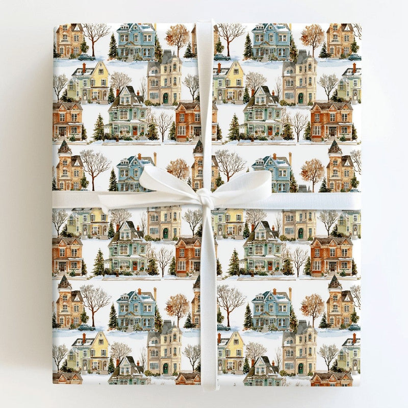 Watercolor Winter Village Gift Wrap, Victorian House Wrapping Paper, Snowy Town Holiday Wrapping Paper, Comfy Christmas Gift Wrap Paper Roll